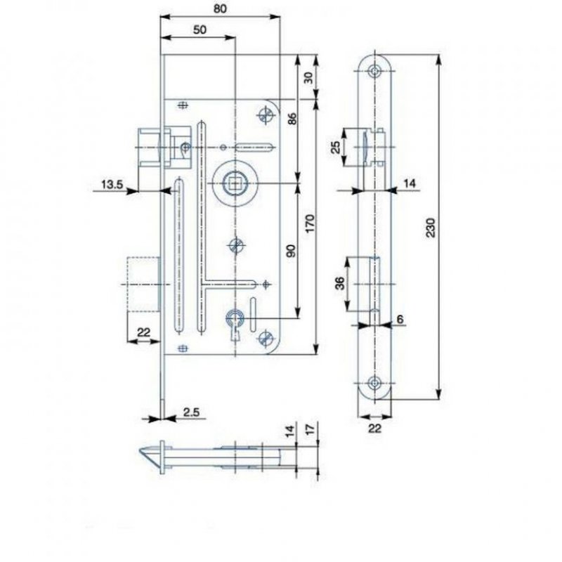 Zadlabací zámek 548A - rozměry
