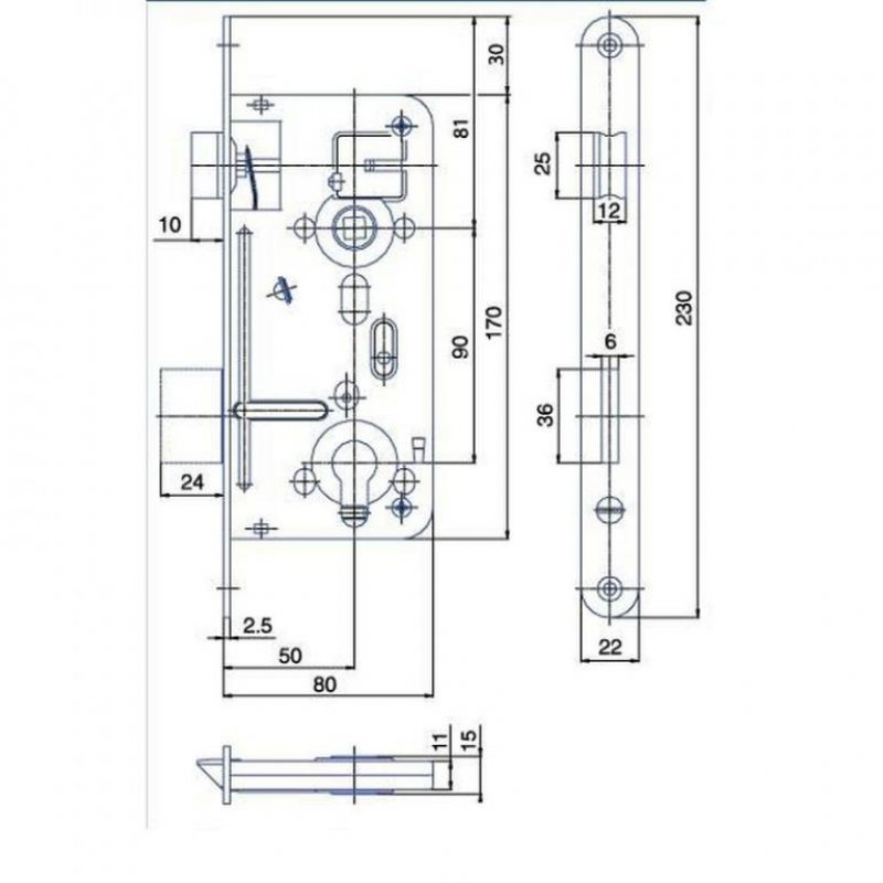 Zadlabací zámek K102 - rozměry