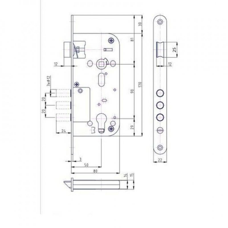 Zadlabací zámek K114 - rozměry