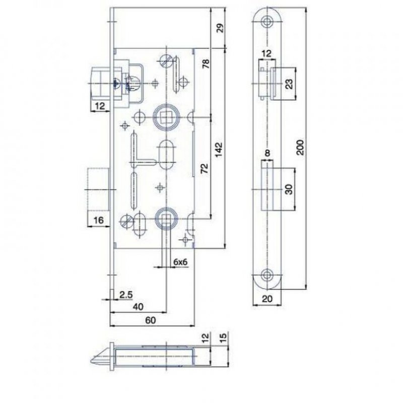 Zadlabací zámek K111 - rozměry
