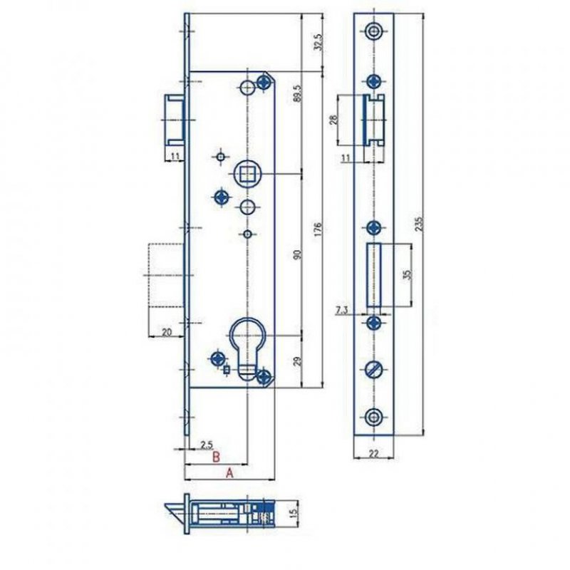 Zadlabací zámek K411 - rozměry