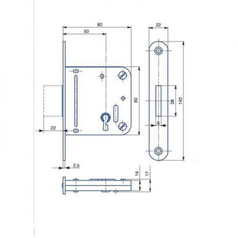 Závorový zadlabací zámek 24129 - rozměry