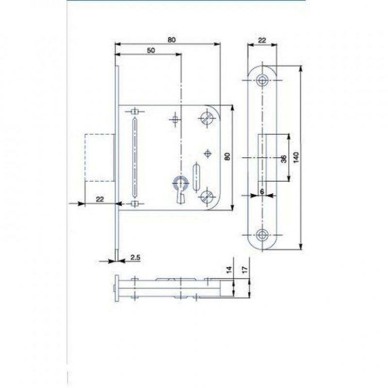 Závorový zadlabací zámek 24130 - rozměry