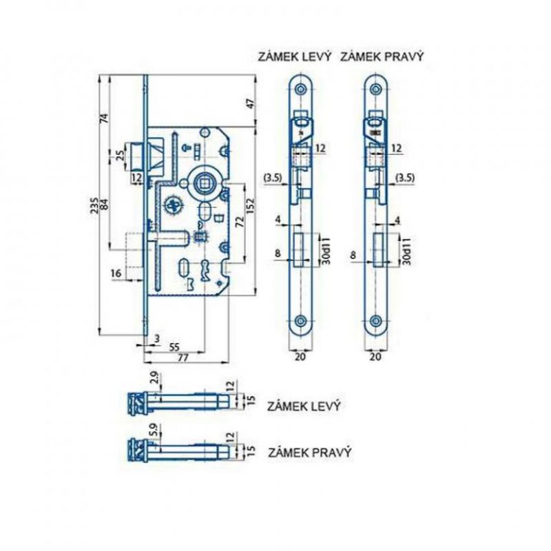 Zadlabací zámek K330 - rozměry