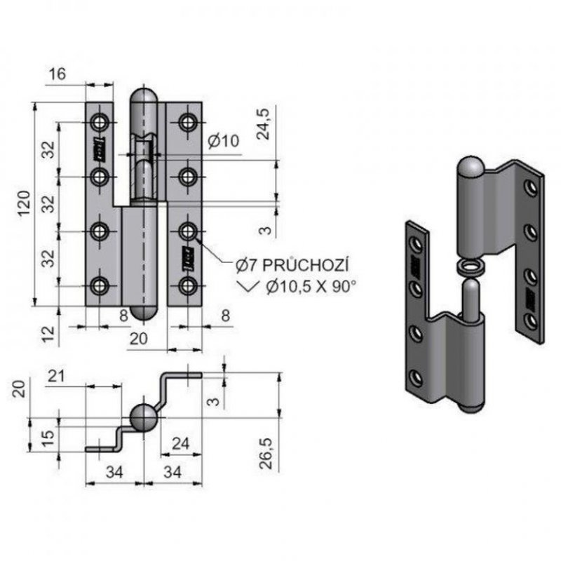 Lomený dveřní závěs 120 - rozměry