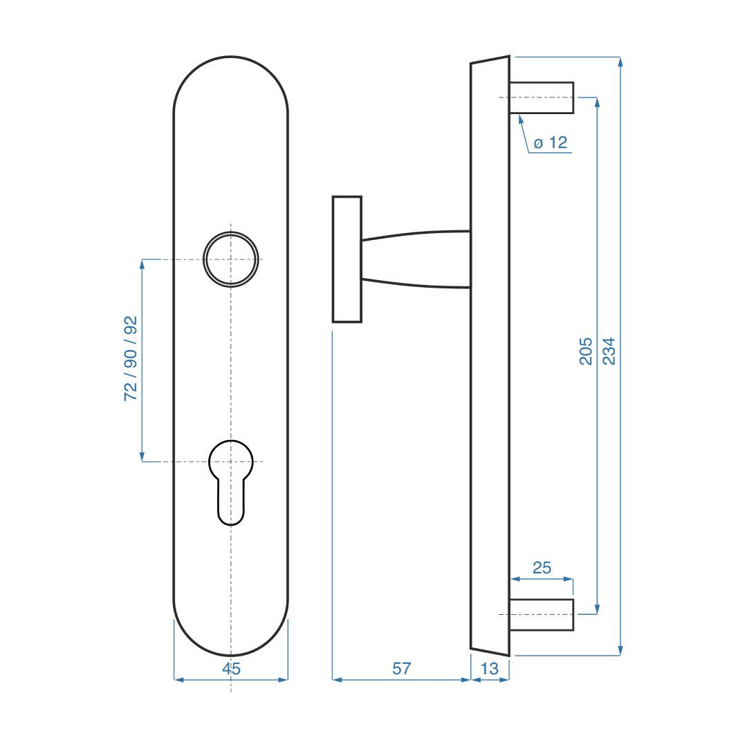 Bezpečnostní kování STAR VARIANT bez překrytu vložky pro vchodové dveře - rozměry