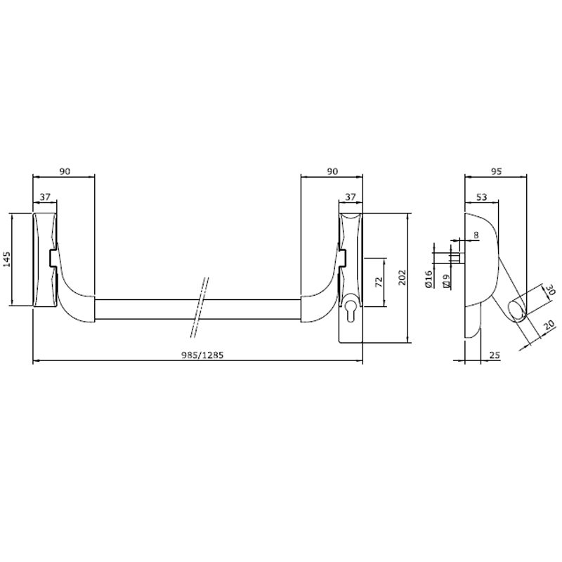 Vrchní panikové kování ISEO Base Infilare-nákres
