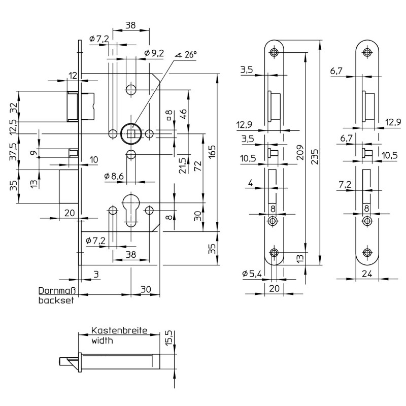 Samozamykací zámek WILKA pro dřevěné a kovové dveře - rozměry