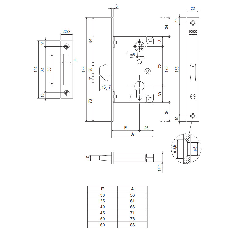 Zámek AGB s hákem - rozměry