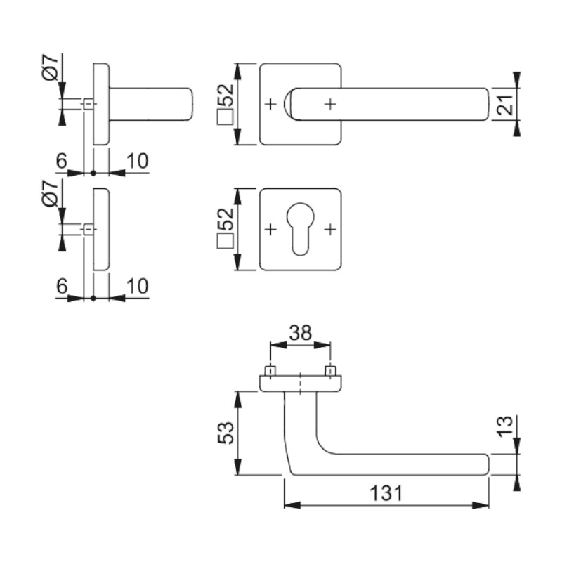Interiérové kování Dallas-R - rozměry