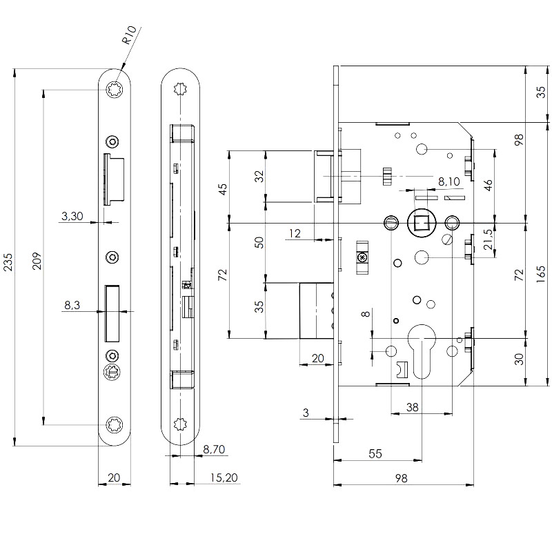 Protipožární zámek ISEO - rozměry