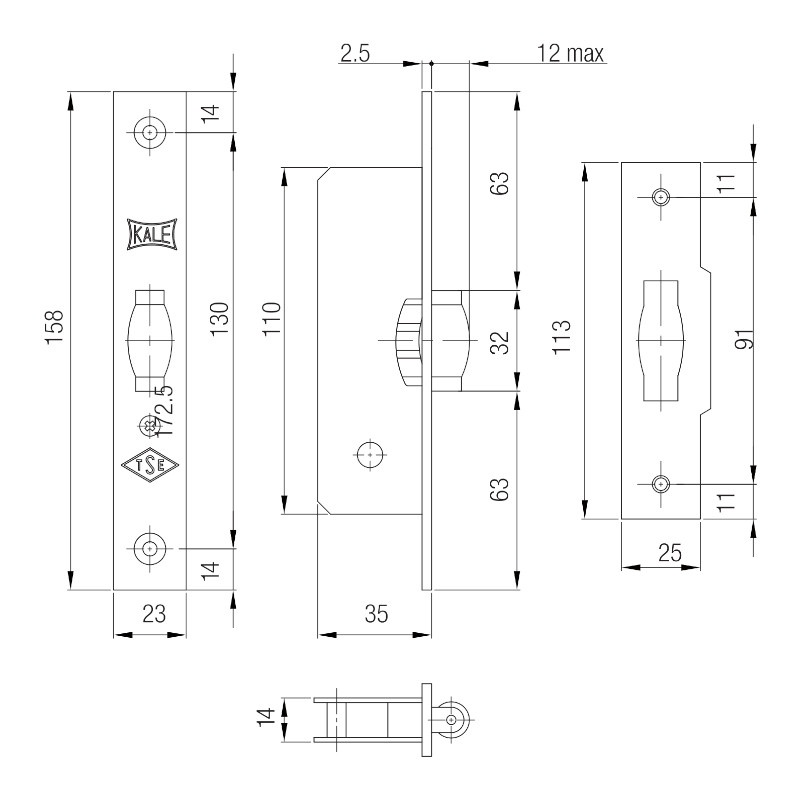 Zámek KALE 155 B - rozměry