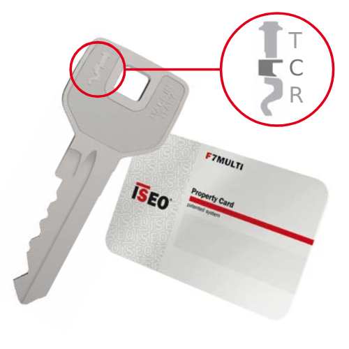 Klíč ISEO F7MULTI originál - Kopírování klíče je povoleno pouze po předložení karty vlastnictví, která obsahuje jedinečný identifikační kód klíče.