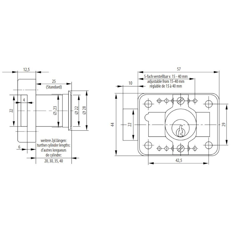 Nábytkový zámek BW MZ 23 - rozměry