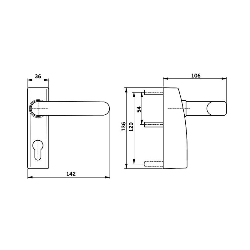 Vnější kování PHT 05 F - rozměry