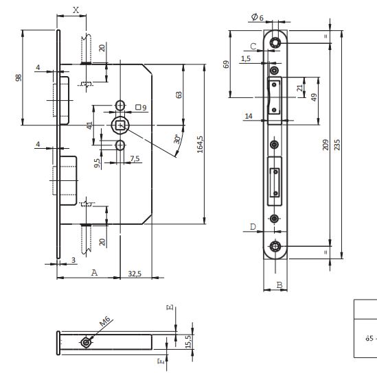 Zadlabací panikový zámek ISEO pro pasivní křídlo - nákres