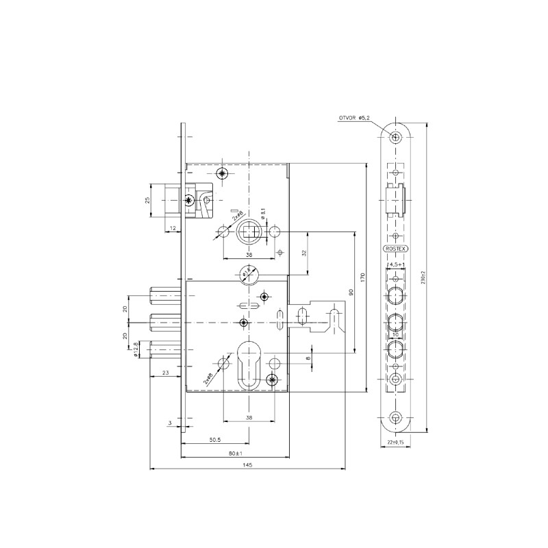 Zadlabací zámek s čepy pro protipožární dveře