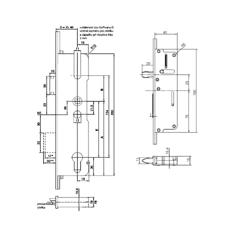 Vícebodový zámek ROTO C600 4CB - rozměry zámku