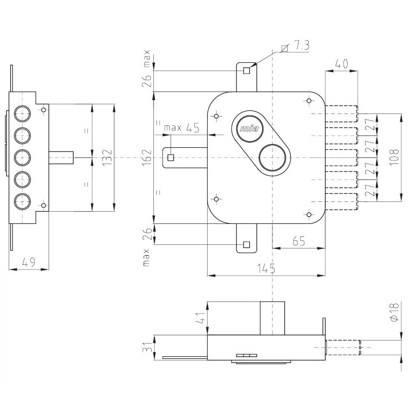 5bodový vrchní rozvorový zámek na trezorový klíč - rozměry